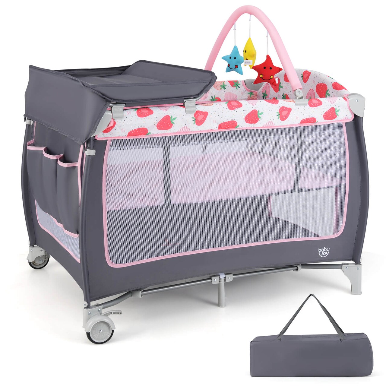 Babyjoy 3 in 1 Baby Playard Portable Infant Nursery Center w/ Zippered Door Pink/Grey/Pink & White/Green